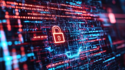 Obraz premium A conceptual cyber security image with a digital lock embedded in a holographic shield, with matrix-like code and data encryption patterns in the background.