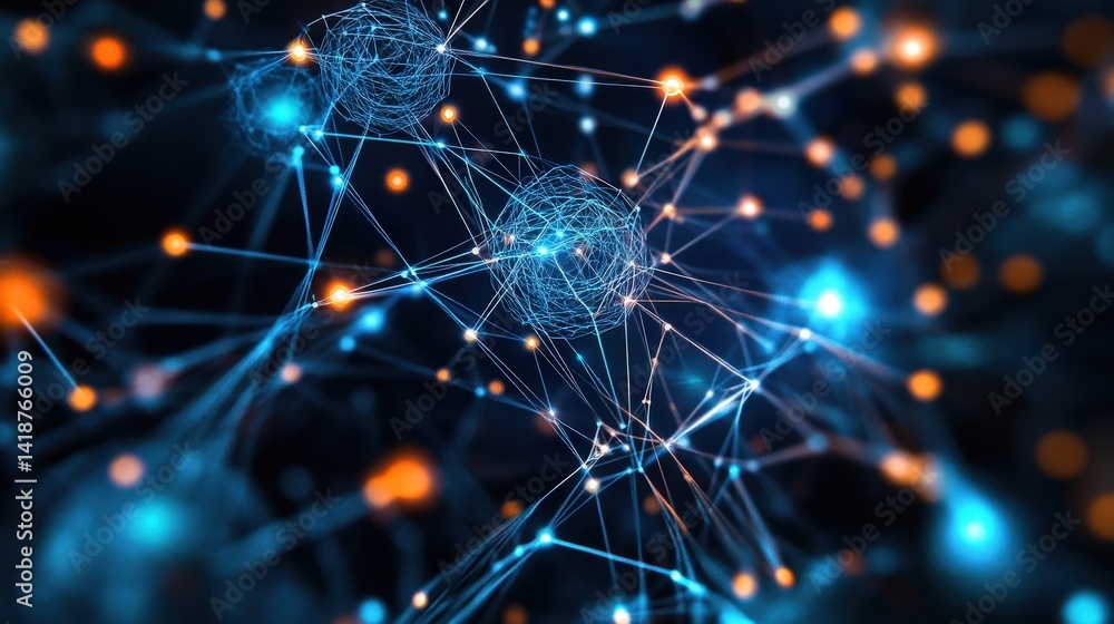 Poster ai technology, with quantum computing nodes linked by intelligent data transmission networks