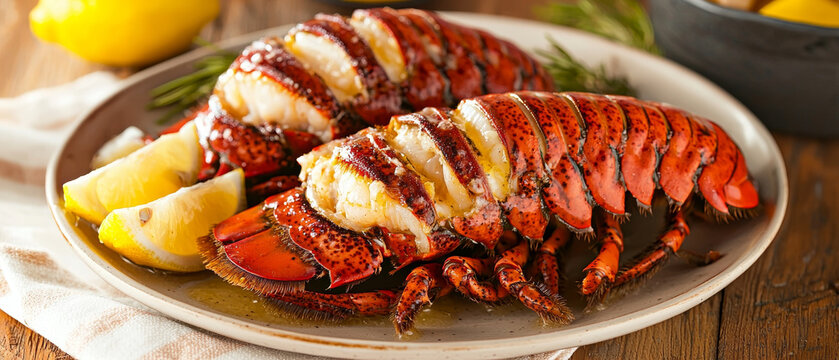 Broiled lobster tails with lemon on a plate