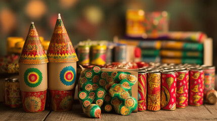 different types of Diwali firecrackers displayed on a table