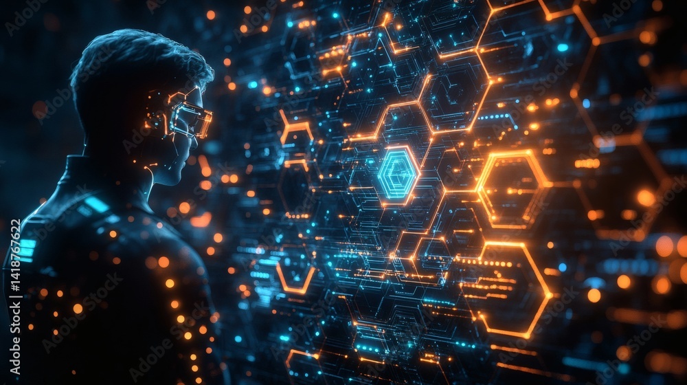 Aufkleber flat blueprint-style background with soft blue circuits and glowing hexagon overlays in cyber theme