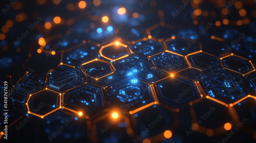 Aufkleber flat blueprint-style background with soft blue circuits and glowing hexagon overlays in cyber theme