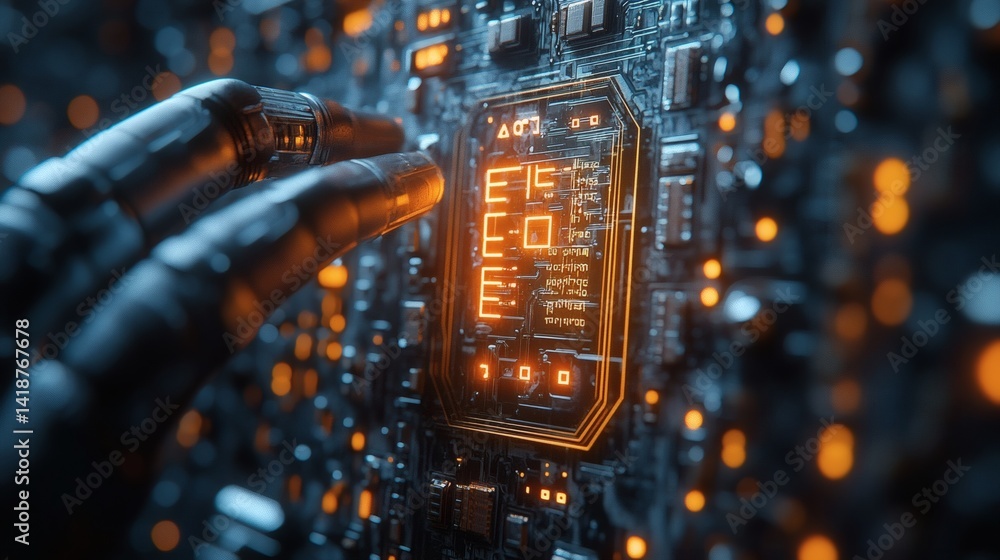 Poster digital cybernetic blueprint with bold blue tones, linear circuits, and softly glowing hexagon grids
