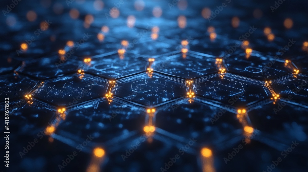 Poster cyber-themed digital art in blue featuring intersecting circuit pathways and glowing hexagonal overl