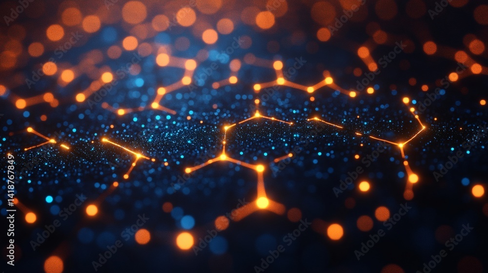 Poster cyber-themed digital art in blue featuring intersecting circuit pathways and glowing hexagonal overl
