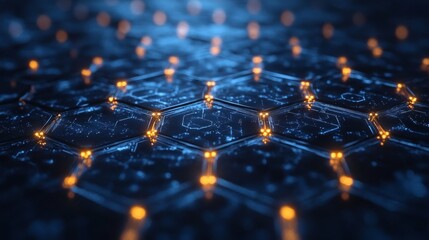 Cyber-themed digital art in blue featuring intersecting circuit pathways and glowing hexagonal overlays 