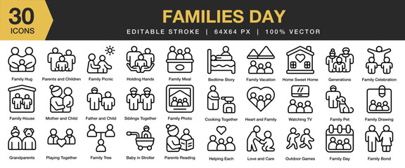 Fototapeta premium Families Day icon set. Editable Stroke Icon Collection. Includes family, child, happy, day, fun, love, father, and More. Outline icons vector collection.
