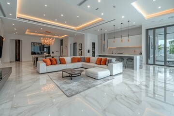 Obraz premium Luxurious open concept living and dining area with kitchen