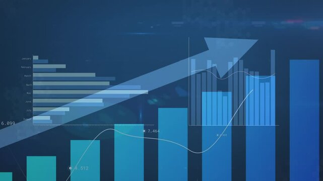 Animation of diverse graphs and arrow on blue background