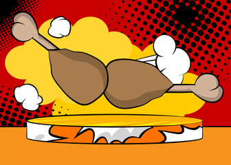 Comic Book Product podium stage for mockup presentation with chicken drumstick and thigh. Retro comics background.