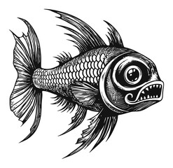 Intricate Engraving of a Fierce Fish with Detailed Features