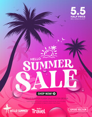 Summer sale holiday poster, coconut tree silhouette, tropical leaf, water drop on purple background