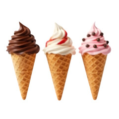 Realistic Soft Serve Ice Cream Cones Trio &ndash; Chocolate, Vanilla with Strawberry Bits, and Strawberry with Chocolate Chips on Waffle Cones, Isolated on Transparent Background