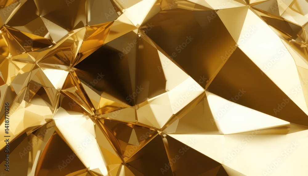 Poster golden low poly abstract background 3d geometric shapes with sharp edges and reflective metallic sur