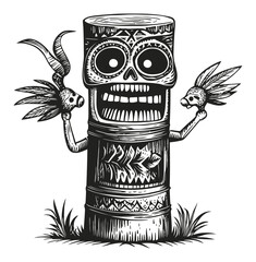 Engraved Tiki Figure with Skull Design and Tribal Elements