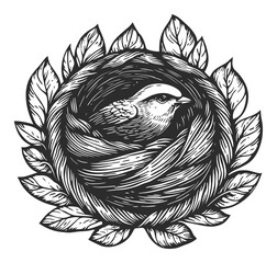 Detailed Engraving of Bird Nest with Leaves in Vintage Style