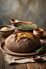 Naklejka premium Artisan Bread Loaf with Rosemary on Rustic Wooden Table Setting