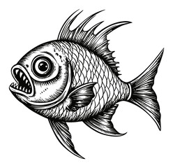 Detailed Engraving of a Stylized Fish in Woodcut Style Art