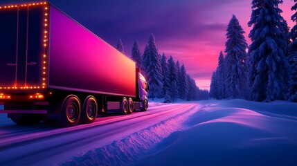 Truck driving through snowy landscape at sunset with colorful lights.