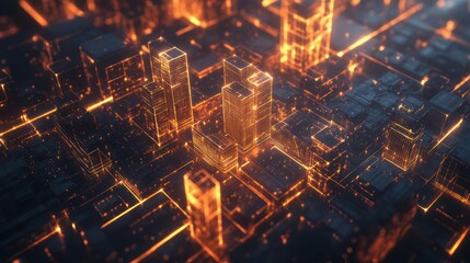 An isometric view of futuristic city with glowing orange outlines.