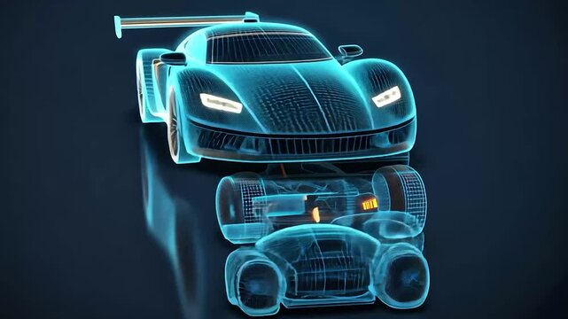Futuristic racing car design, technical blueprints, wireframe, dark background