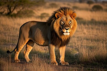 A majestic king of the wild, this big cat with a striking mane is a powerful carnivore captured in a portrait amidst the natural grassy wildlife