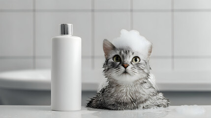 cat and white bottle mockup in the bathroom