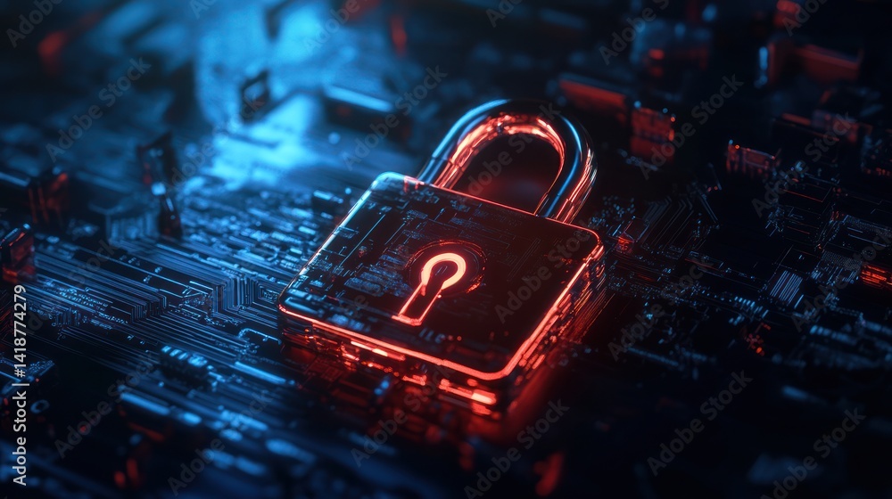 Poster futuristic cyber security lock on circuit board representing data protection