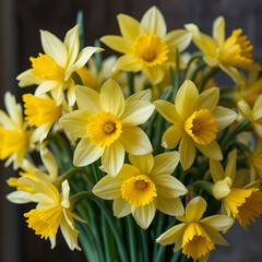 Fototapeta premium Bouquet of yellow narcissuses closeup in rustic style