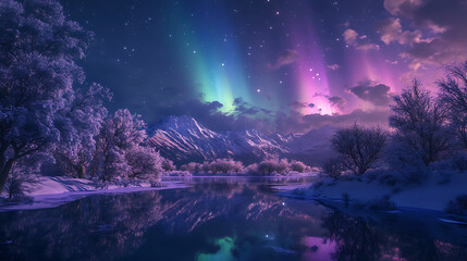 Stunning Aurora Borealis over Snowy Mountain Landscape
