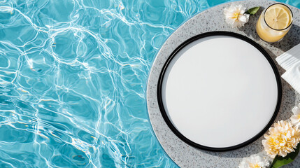 Top-down view of blank circular poster with matte black metal frame on cool marble, near luxurious pool, featuring lemonade glass, linen napkin, flower petals, and soft reflections under low-key light