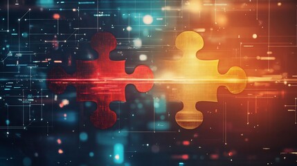 Two puzzle pieces connecting, symbolizing collaboration, technology, and digital integration.