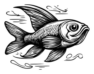 Detailed Woodcut Illustration of a Swimming Fish in Engraving Style