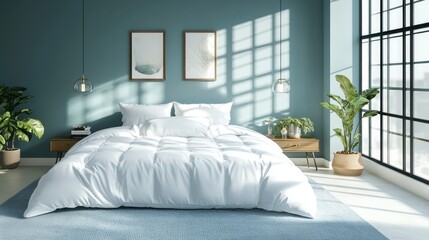 Beautiful bedroom with large window white bedding and potted plants