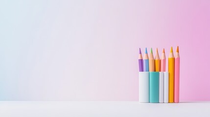 Fototapeta premium Colorful pencils standing upright in pastel holders on a white surface, soft gradient background of pink and blue, and creative art concept.