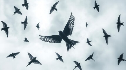 Fototapeta premium Flock of Birds Silhouetted Against Cloudy Sky