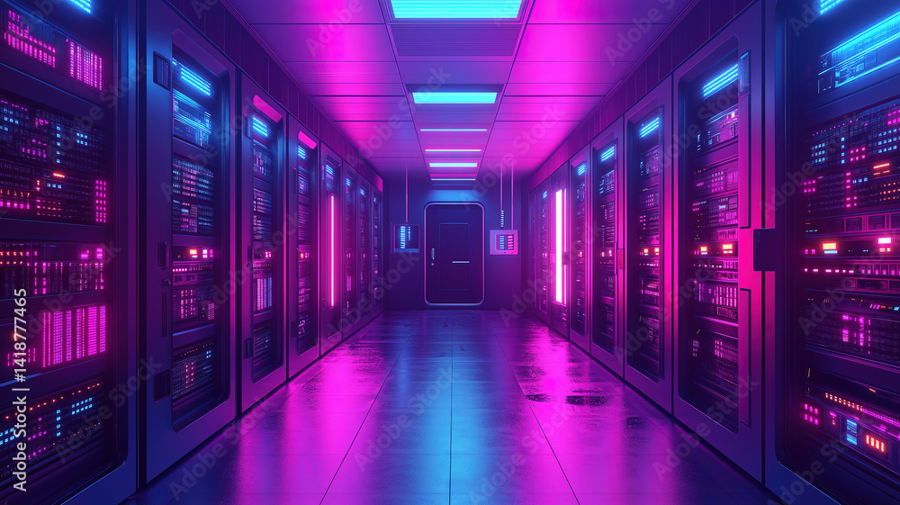 Poster organized cables and racks for server configuration in data center, ensuring system stability