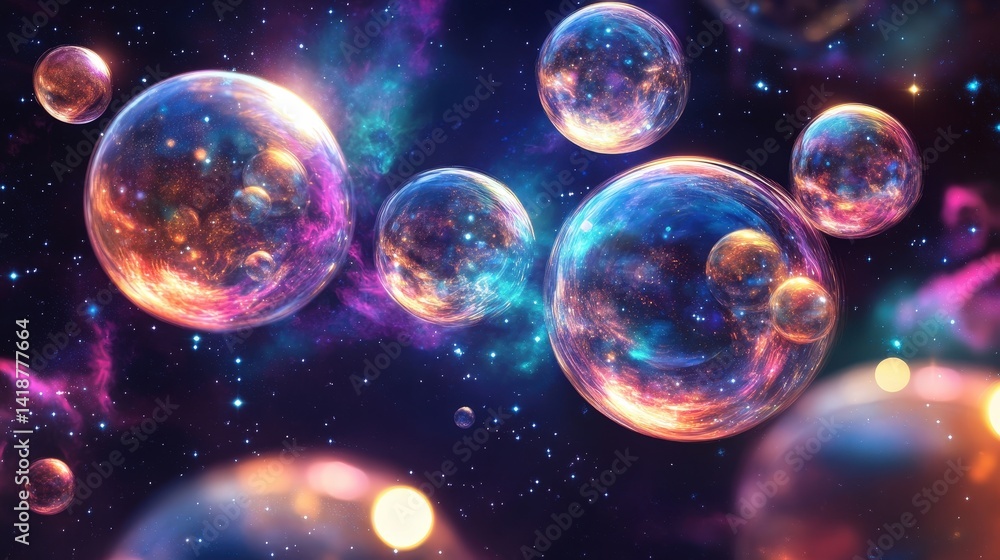 Poster a cosmic bubbles background with interstellar nebulae and glowing spheres resembling floating planet