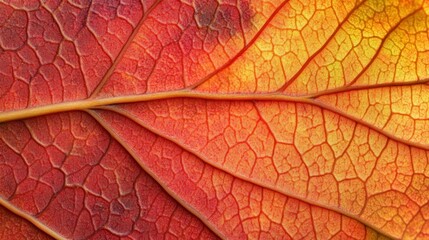Close-up of a vibrant autumn leaf, showcasing intricate vein patterns and warm color transitions from red to orange and yellow.
