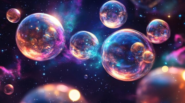 A cosmic bubbles background with interstellar nebulae and glowing spheres resembling floating planets