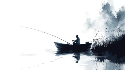 The painting depicts a fisherman in a boat on the water in a minimalist, almost abstract style reminiscent of an ink wash or watercolor.