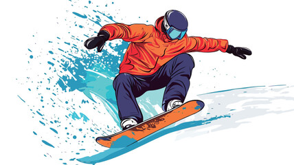 dynamic vector illustration of a snowboarder performing a carving turn. Rendered in striking orange and navy blue, the snowboarder soars in mid-air, demonstrating speed and fluidity.