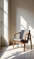 Stylish wooden chair in bright sunlight against a minimalistic background  