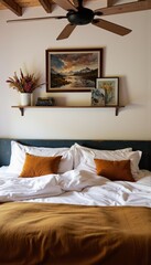 Cozy bedroom with decorative pillows and artwork on the wall  