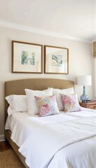 Cozy bedroom interior with floral pillows and natural light  