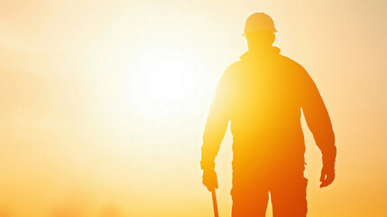 A silhouette of a worker holding a tool against the bright sun, symbolizing labor and strength for May Day.