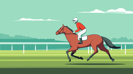 競馬場で疾走するの馬と騎手