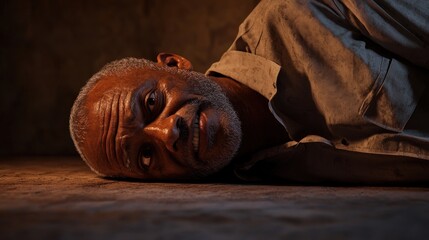 Obraz premium Senior man lying on floor, distressed, dimly lit room