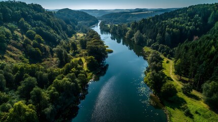 Obraz premium Serene river winding through lush valley. High-angle view of a calm river flowing between forested hills