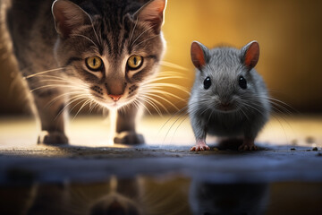 Close-up of tabby cat is standing intently looking behind the little mouse.